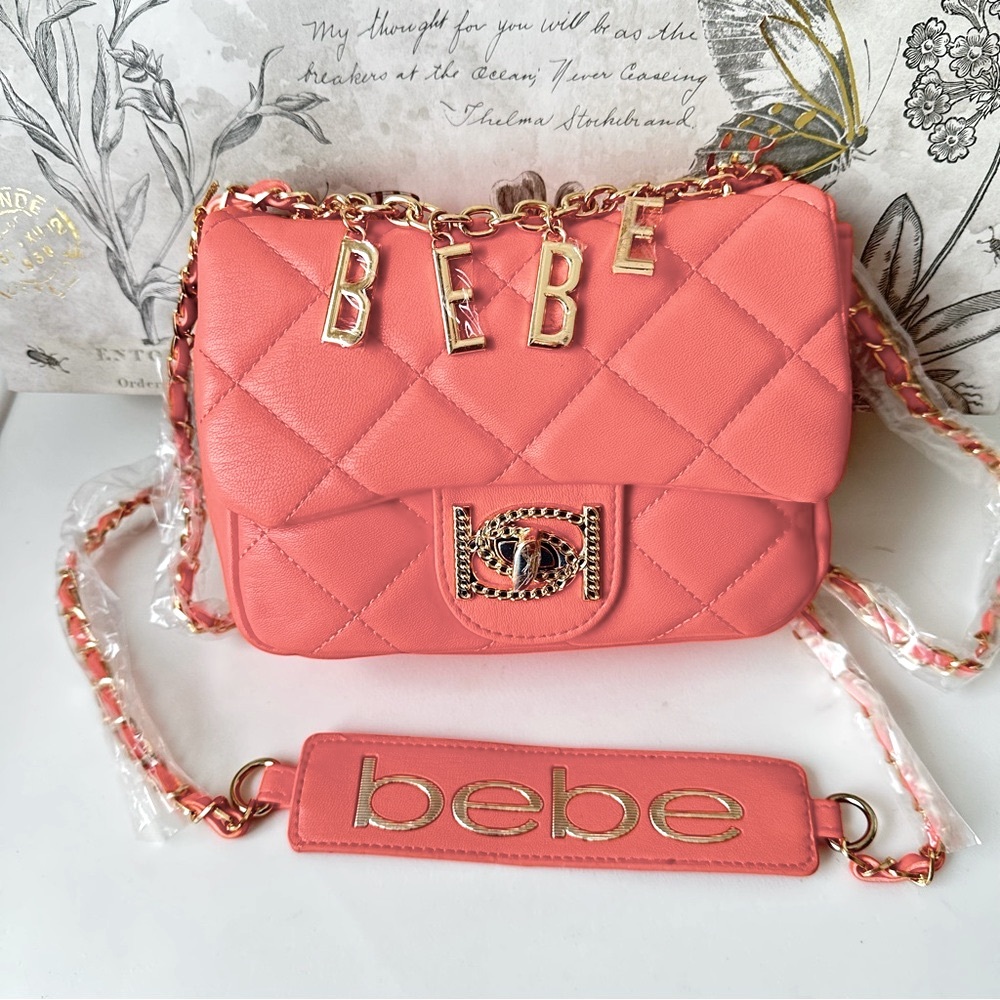 Bebe Wyatt Quilted Shoulder Bag in Salmon Orange with Gold Hardware